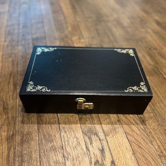 Vintage Black Jewelry Box w/ Gold Scroll Design 4… - image 1