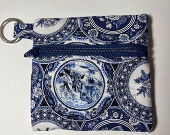 Coin Purse in Blue Cotton Print Fabric