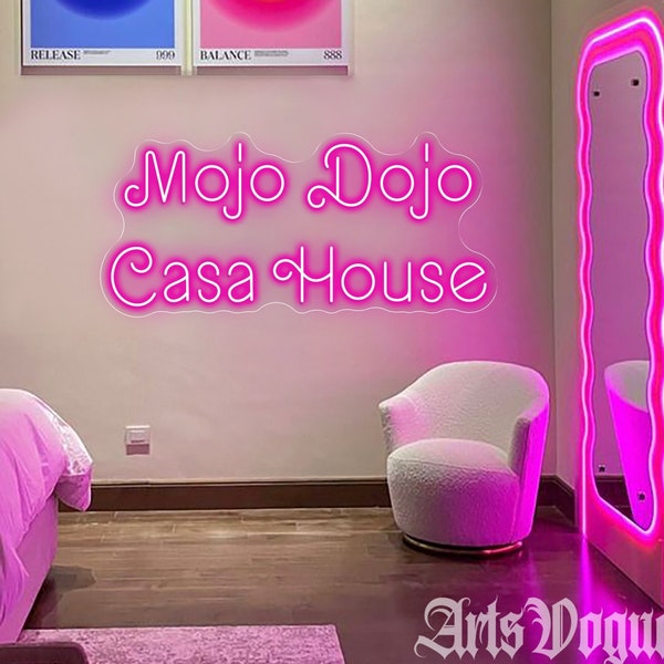 Mojo Dojo Casa House Leuchtreklame, individuelle Hausbar Party Wanddekoration Party Decor, individuelles Schild Geschenk für Filmfan, Willkommensschild, personalisiertes Geschenk