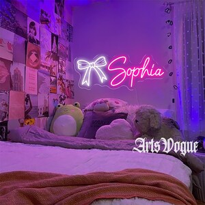 Custom Bow Name Neon Sign,Pink Bow Neon Sign,Pink Trendy Wall Art,Girl's y2k Room Decor,Personalized Bow Name Decor,Girly Nursery Wall Decor image 6