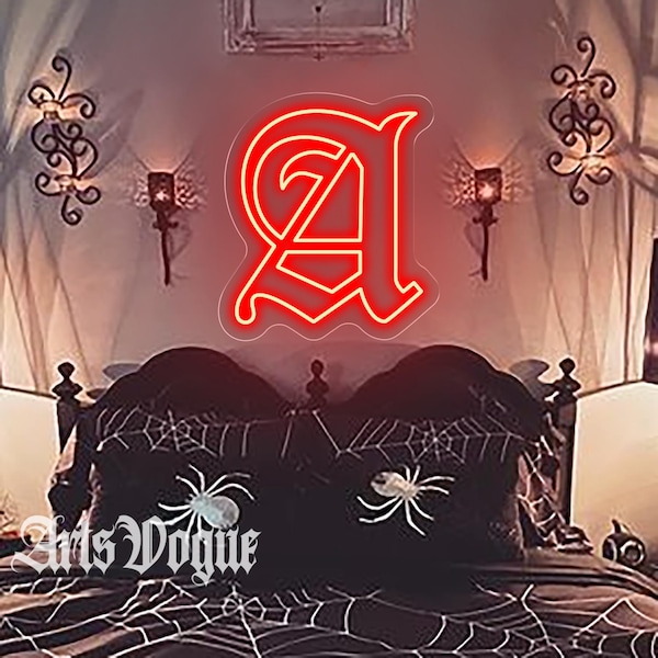 Letrero de neón con letras góticas personalizadas, luz de neón con nombre personalizado de la A a la Z, letrero con letras en inglés antiguo, letrero de neón con letras góticas, regalo para amantes góticos, letrero vintage