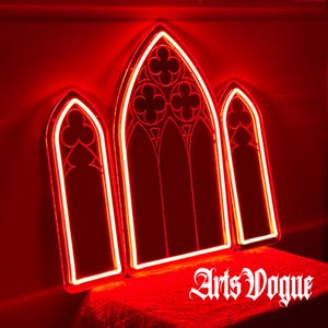 Gotische spiegel, neonreclame gotische kathedraal raam, gotisch neonlicht, neonreclame gotische spiegel, spiegelmuurkunst met achtergrondverlichting, gotisch interieur afbeelding 2
