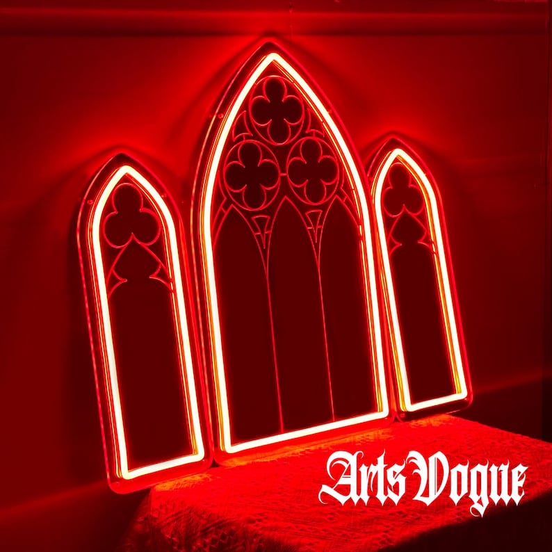 Gotische spiegel, neonreclame gotische kathedraal raam, gotisch neonlicht, neonreclame gotische spiegel, spiegelmuurkunst met achtergrondverlichting, gotisch interieur afbeelding 2