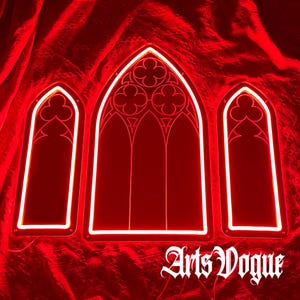 Gotische spiegel, neonreclame gotische kathedraal raam, gotisch neonlicht, neonreclame gotische spiegel, spiegelmuurkunst met achtergrondverlichting, gotisch interieur afbeelding 4