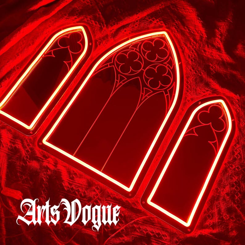 Gotische spiegel, neonreclame gotische kathedraal raam, gotisch neonlicht, neonreclame gotische spiegel, spiegelmuurkunst met achtergrondverlichting, gotisch interieur Three piece set