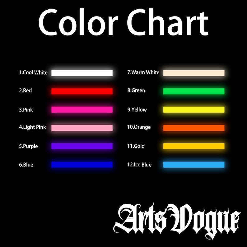 Op de afbeelding: Kleurenkaart met 12 verschillende kleuren, waaronder koel wit, warm wit, rood, roze, lichtroze, paars, blauw, groen, geel, oranje, goud en ijsblauw. De kaart is gelabeld met "Color Chart" en "Arts Vogue".