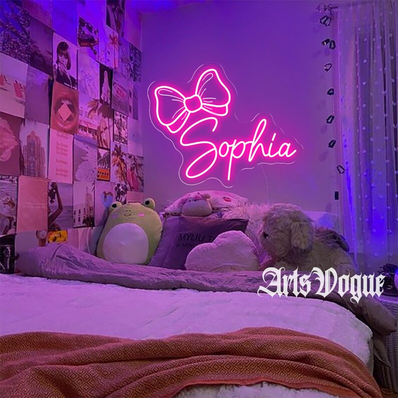 Custom Bow Name Neon Sign,Pink Bow Neon Sign,Pink Trendy Wall Art,Girl's y2k Room Decor,Personalized Bow Name Decor,Girly Nursery Wall Decor Style1