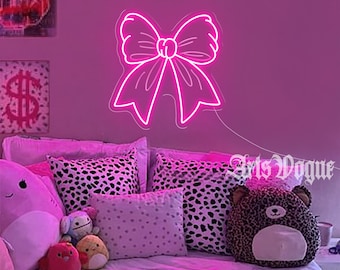 Placa de neon de laço rosa, decoração de parede de dormitório personalizada, arte de parede rosa da moda, decoração de quarto de menina, decoração de quarto y2k, presente de aniversário para menina, decoração de parede de quarto