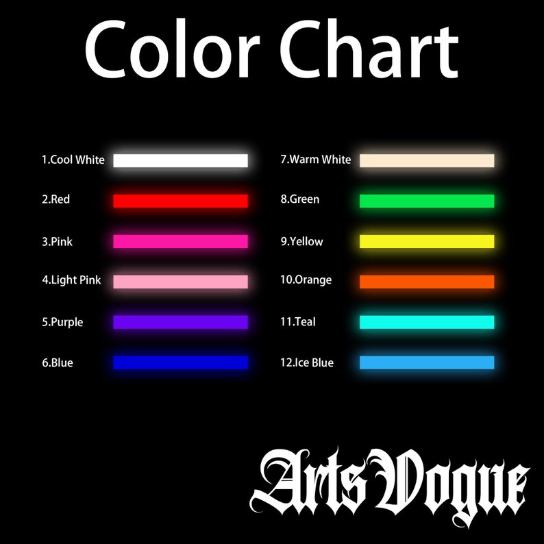 May include: Color chart with 12 different colors, including cool white, warm white, red, pink, light pink, purple, blue, green, yellow, orange, teal, and ice blue. The chart is labeled "Color Chart" and "Arts Vogue".
