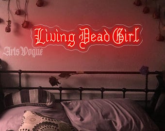 Letrero de neón de Chica Muerta Viviente, decoración de habitación gótica, decoración de fuente vintage, decoración de dormitorio de estilo gótico, regalo de cumpleaños gótico, letrero gótico de Halloween