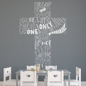 Cross Vinyl Wall Decal | John 3:16 Wall Art | Kids' Church Decor | Bible Verse Wall Art