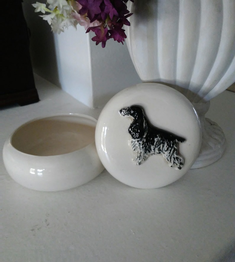 Cocker Spaniels Porcelain Dogs and Trinket Box Black and White Standing Statue Figurine with Trinket Box Lot