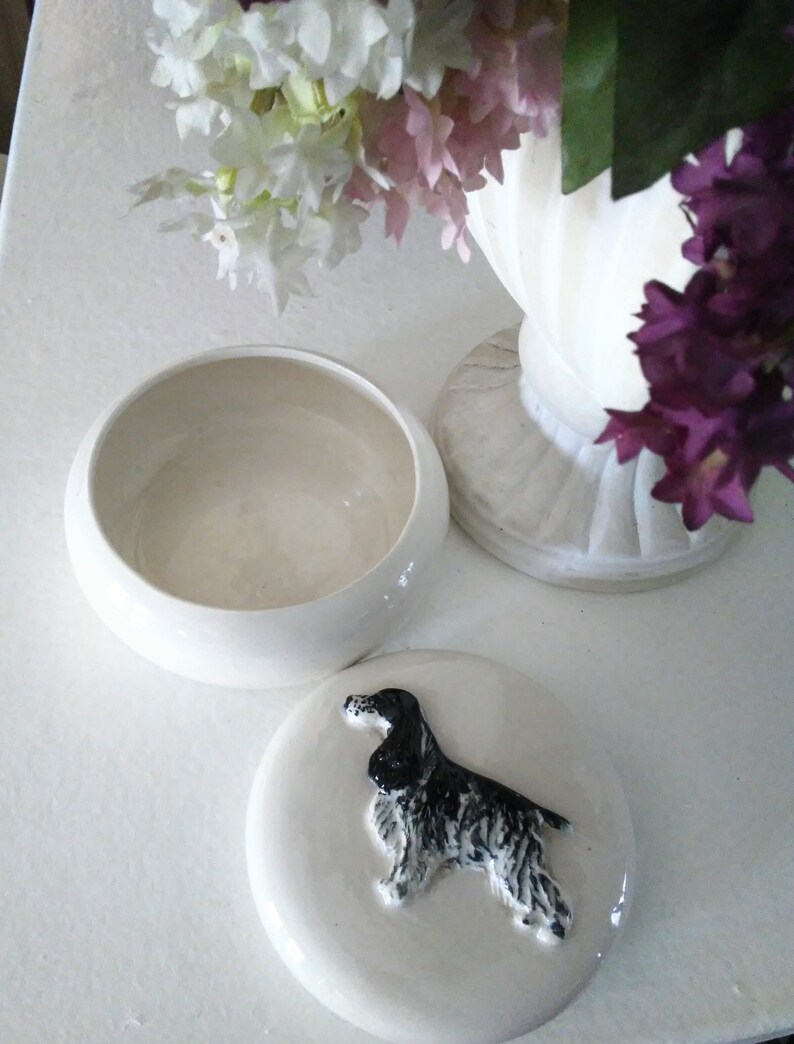 Cocker Spaniels Porcelain Dogs and Trinket Box Black and White Standing Statue Figurine with Trinket Box Lot