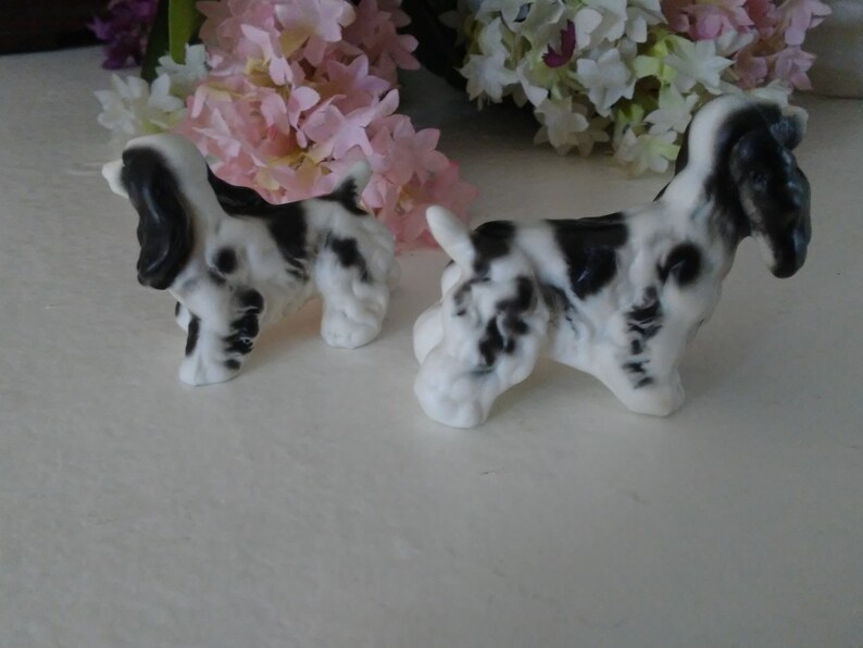 Cocker Spaniels Porcelain Dogs and Trinket Box Black and White Standing Statue Figurine with Trinket Box Lot