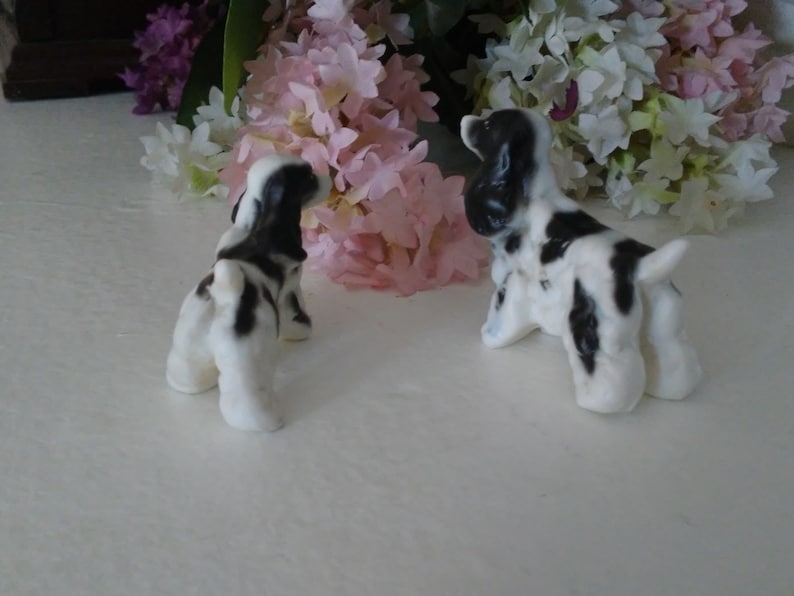 Cocker Spaniels Porcelain Dogs and Trinket Box Black and White Standing Statue Figurine with Trinket Box Lot