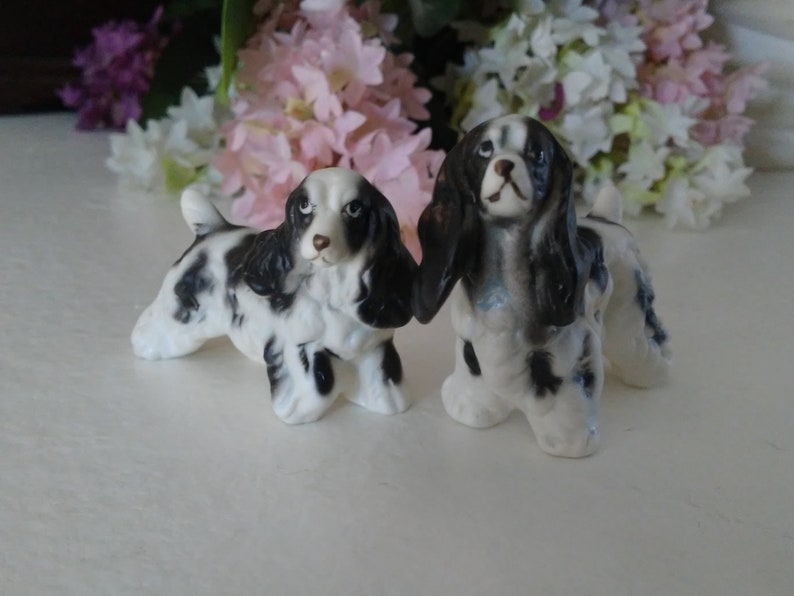 Cocker Spaniels Porcelain Dogs and Trinket Box Black and White Standing Statue Figurine with Trinket Box Lot
