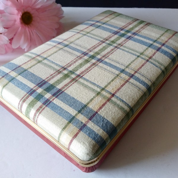 Fabric Hinged Snap Closed Jewelry Box  Plaid Cloth with solid color cloth Vanity Dresser Vintage Flocked Interior