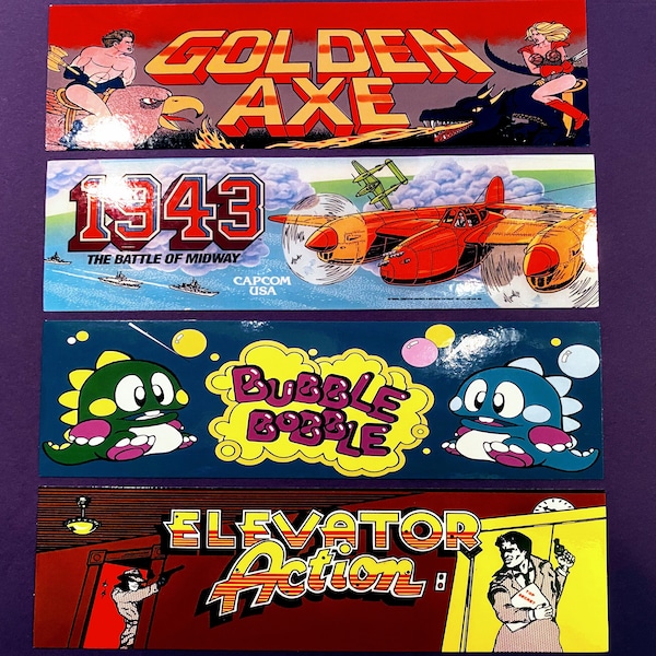 4 Pc MINI Arcade Marquee Waterproof Stickers 1943 Bubble Bobble Elevator Action Golden Axe Retro