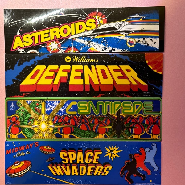 4 Pc MINI Arcade Marquee Stickers Defender Space Invaders Centipede Asteroids