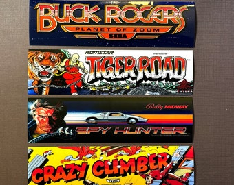 4 Pc MINI Arcade Marquee Stickers Buck Rogers Tiger Road Spy Hunter Crazy Climber