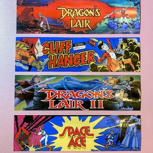 4 Pc MINI Arcade Marquee Stickers Dragon's Lair 1 & 2 Space Ace Cliff Hanger 80's Laser Disc Classics image 1