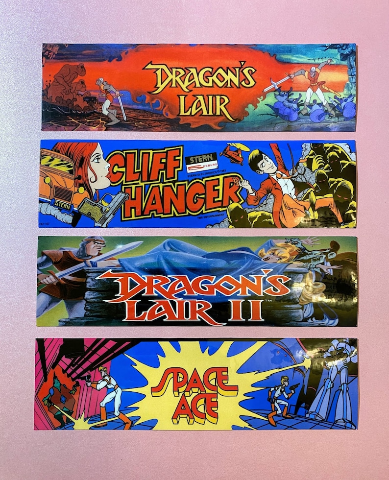 4 Pc MINI Arcade Marquee Stickers Dragon's Lair 1 & 2 Space Ace Cliff Hanger 80's Laser Disc Classics image 1