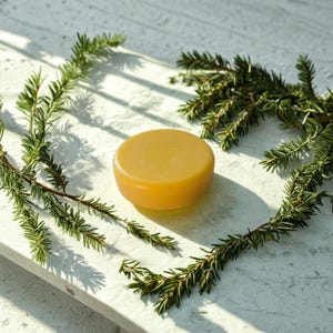 Pode incluir: Um produto redondo, amarelo dourado, possivelmente sabão ou bálsamo, está sobre uma superfície branca, rodeado por ramos verdes de sempre-vivas. O produto tem uma aparência lisa e sólida. A disposição sugere um tema natural e orgânico.