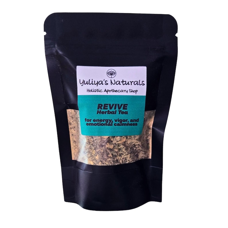 May include: A black pouch with a label that reads "Yuliya's Naturals Holistic Apothecary Shop REVIVE Herbal Tea for energy, vigor, and emotional calmness".