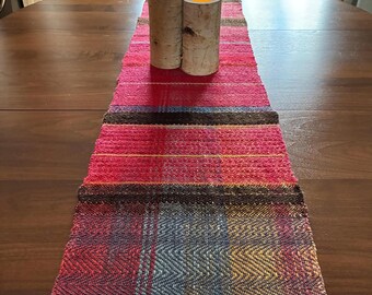 Table runner, red with multicolors, wool