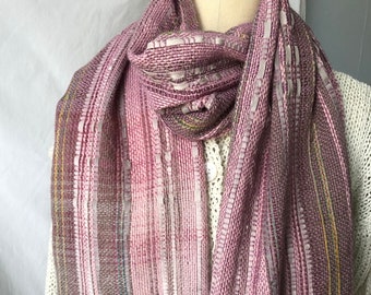 Handwoven Scarf, pinks, grays,  natural materials, soft mohair, cotton, silk