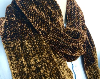 Handwoven scarf, brown and gold velvet, chenille, woven, fringed, iridescent