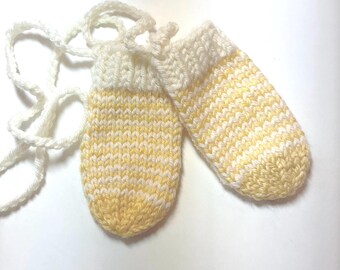 Baby mitts, pair, yellow and white striped