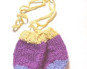 Baby mitts, pair, purples with yellow cuffs