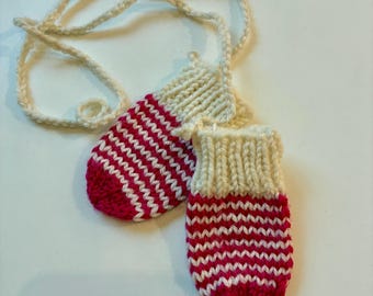 Baby mitts, pair, bright pink and white striped