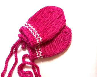 Baby mitts, pair, solid pink with white cuff stripes