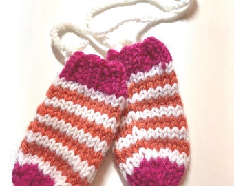 Baby mitts, pair, orange, white and pink  stripes