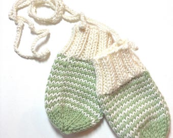 Baby mitts, pair, green and white striped