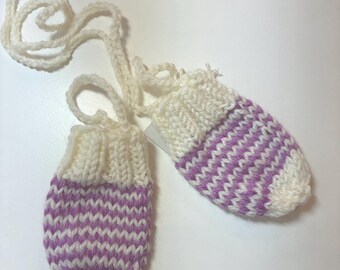 Baby mitts, pair, purple and white striped