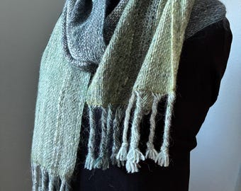 Handwoven scarf with fringe, in all natural fibers, wool, silk, mohair, alpaca.