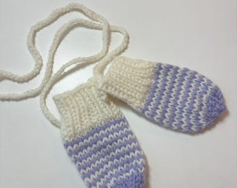 Baby mitts, pair, lavender and white striped