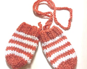 Baby mitts, pair, orange and white stripes