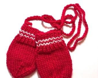 Baby mitts, pair, solid red with white cuff stripes