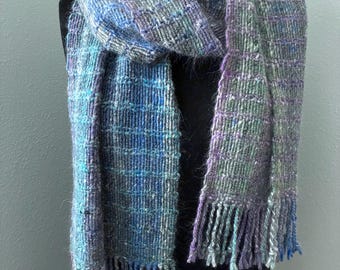 Handwoven scarf with fringe, in all natural fibers, angora, wool, kid mohair and silk.