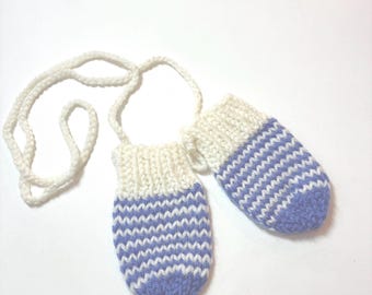 Baby mitts, pair, blue and white striped