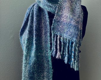 Handwoven scarf with fringe, in all natural fibers, angora, wool, and silk.