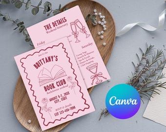 Editable Book Club Bachelorette Invite Template Retro Book Lover Party Weekend Itinerary DIY Printable Bridal Shower Invite Digital Download