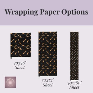 May include: Three sheets of Halloween-themed wrapping paper. The paper features a black background with a pattern of gold bats, moons, and stars. Sizes include 30x36", 30x72", and 30x180" sheets. The text "Wrapping Paper Options" is at the top.