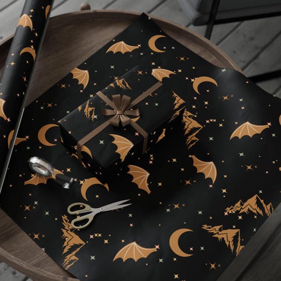 ACOTAR Themed Night Court Wrapping Paper Design Wing Pattern Star Theme Rhysand Gift Wrap Black Gold Decor Mountain Art Fantasy Gift Wrap