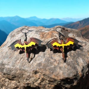 Handmade Dragon Wing Earrings Fantasy Wooden Jewelry Black Red and Gold Bookish Earrings Book Inspired Accessories Gifts For Her