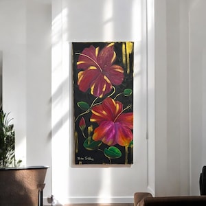 Hibiscus Acrylic Painting Tropical Flower Wall Art Hand Painted Original Botanical Decor